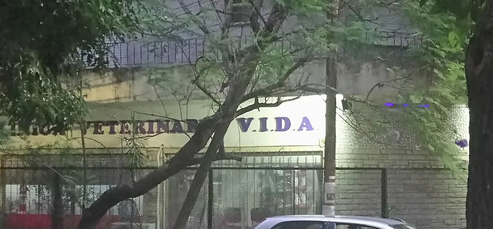 El frente de la clínica detrás de la reja, con las letras violetas de V.I.D.A. entre los árboles